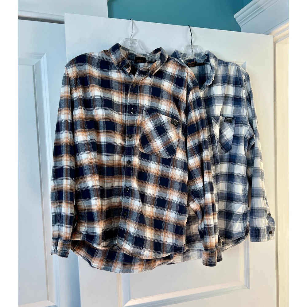 Timberland PRO Shirts Men L Blue/Gold & Blue/White Plaid Flannel Workwear FLAW